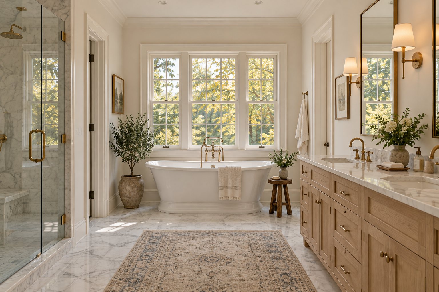 Primary bath with a freestanding tub under a window and a double oak vanity with brass faucets