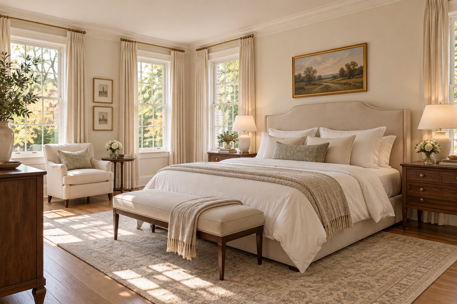 Primary bedroom with an upholstered headboard, white bedding and morning light through tall windows