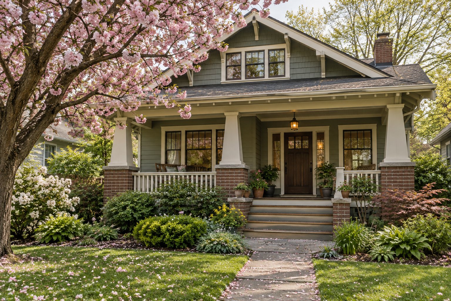Sage gray craftsman bungalow with a deep front porch and a cherry tree in bloom