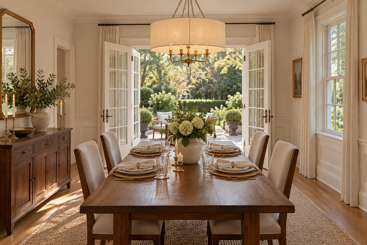 Dining room with a long walnut table set for six and French doors open to a garden