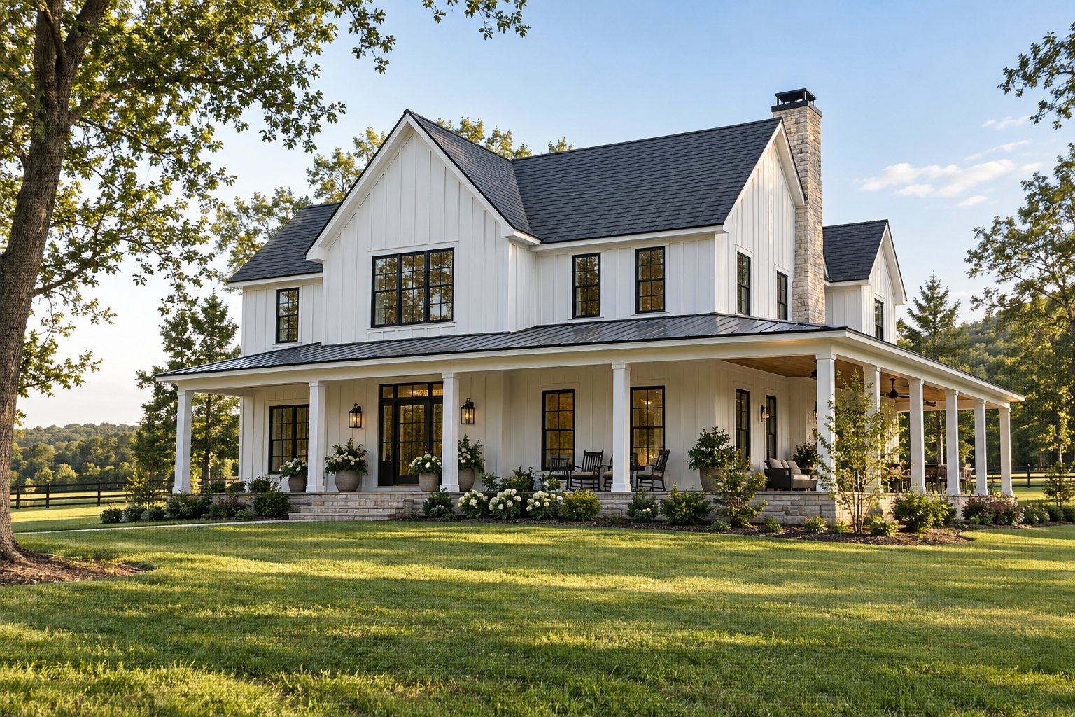 White board-and-batten farmhouse with black windows and a wraparound porch