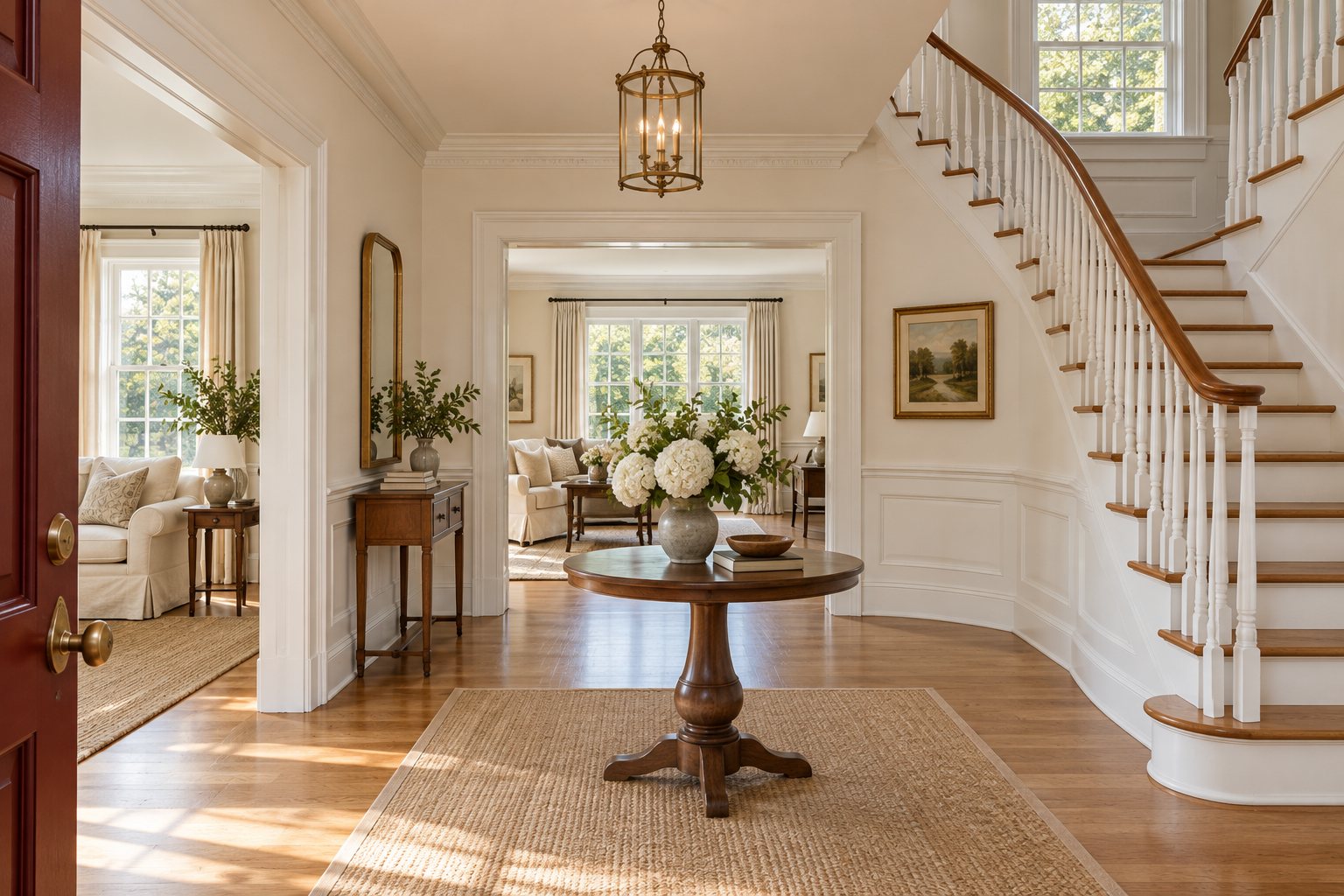 Bright foyer with a round table of white hydrangeas and a curved staircase