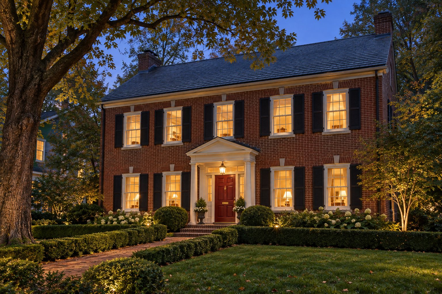 Two-story brick colonial at dusk with every window lit and a red front door under a white portico