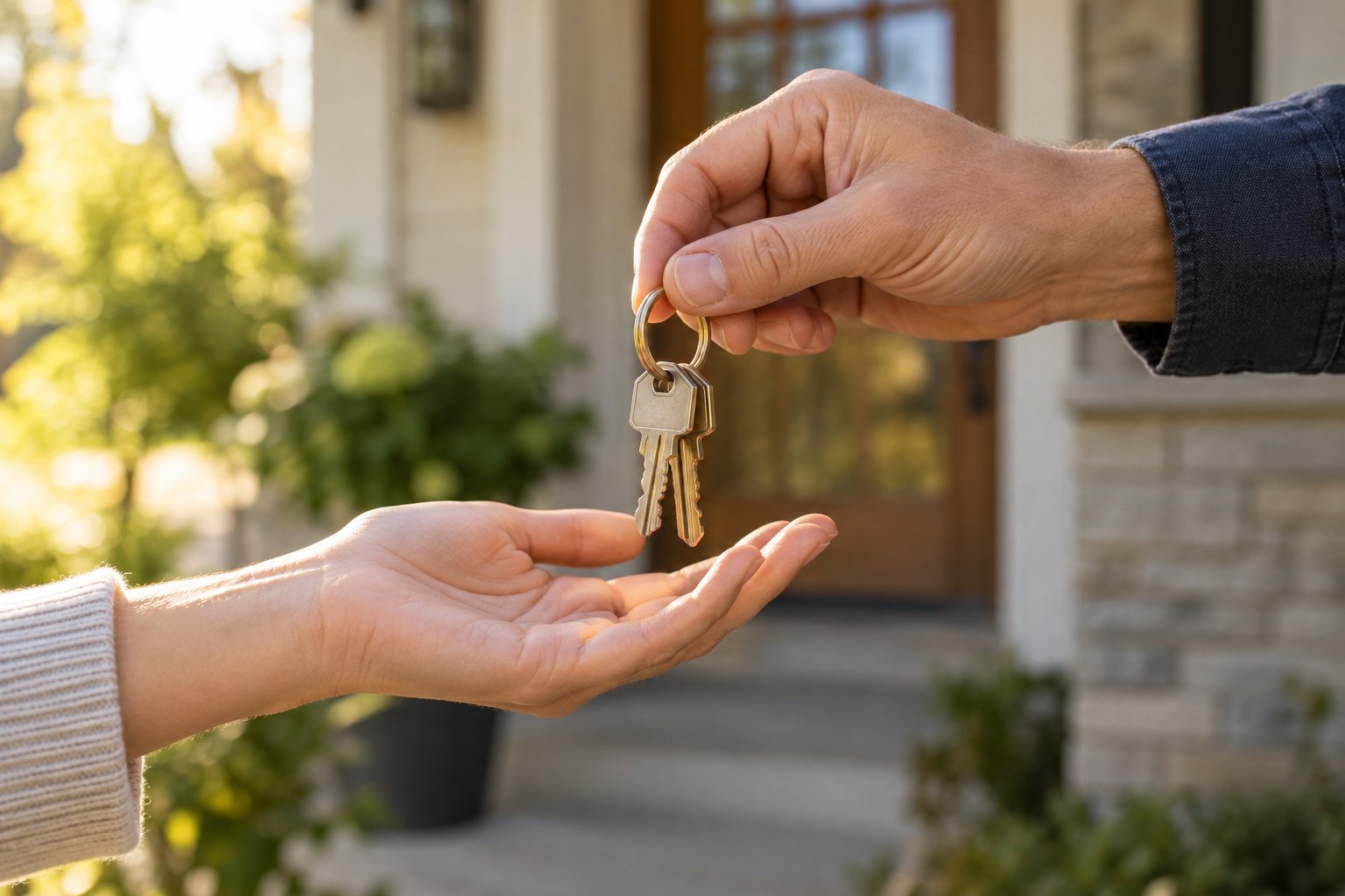 One hand passing a set of house keys to another in front of a front door