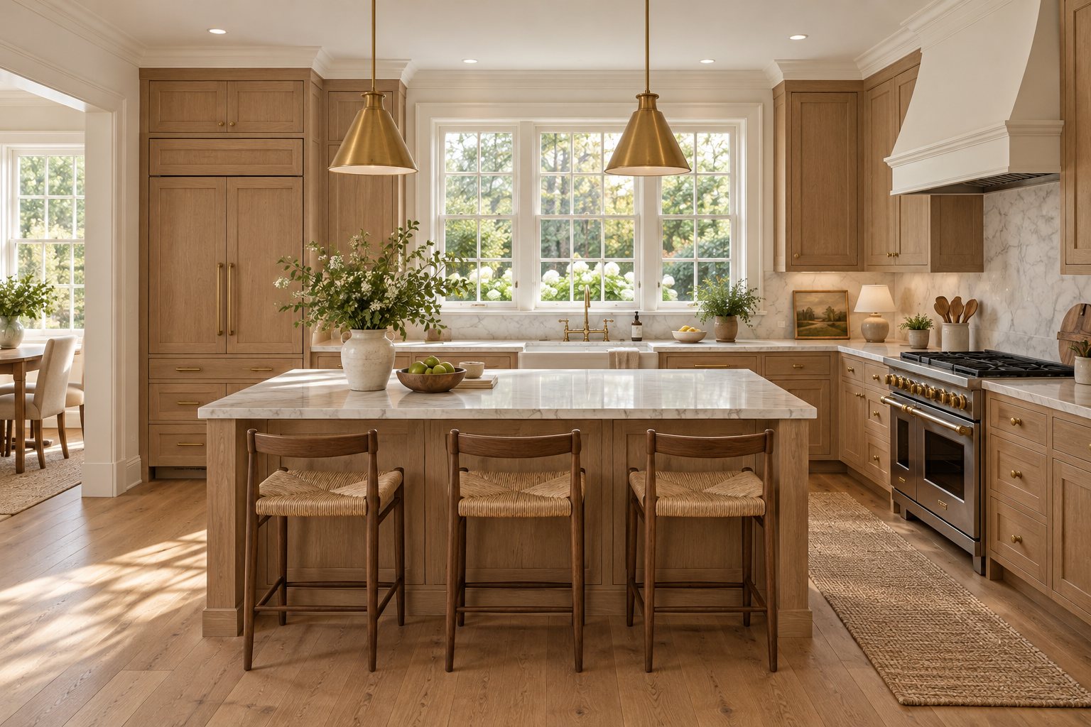 White oak kitchen with a marble island, three rush stools and brass pendant lights