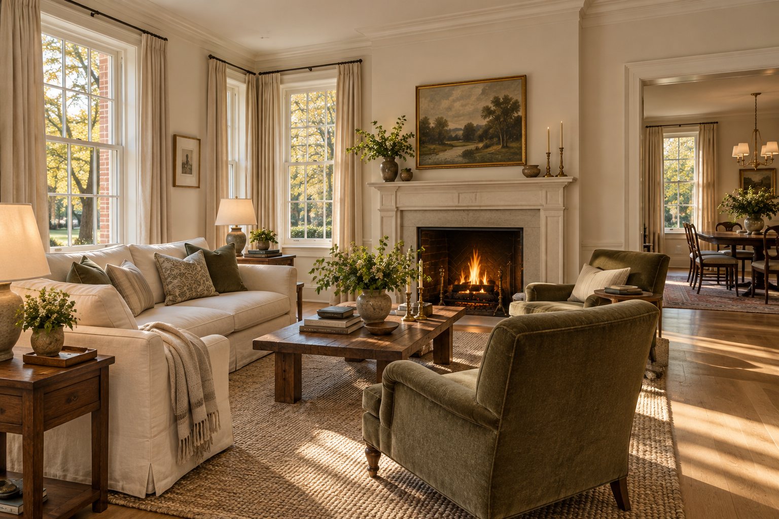 Living room with a cream sofa, green velvet armchairs and a fire in a white mantel fireplace
