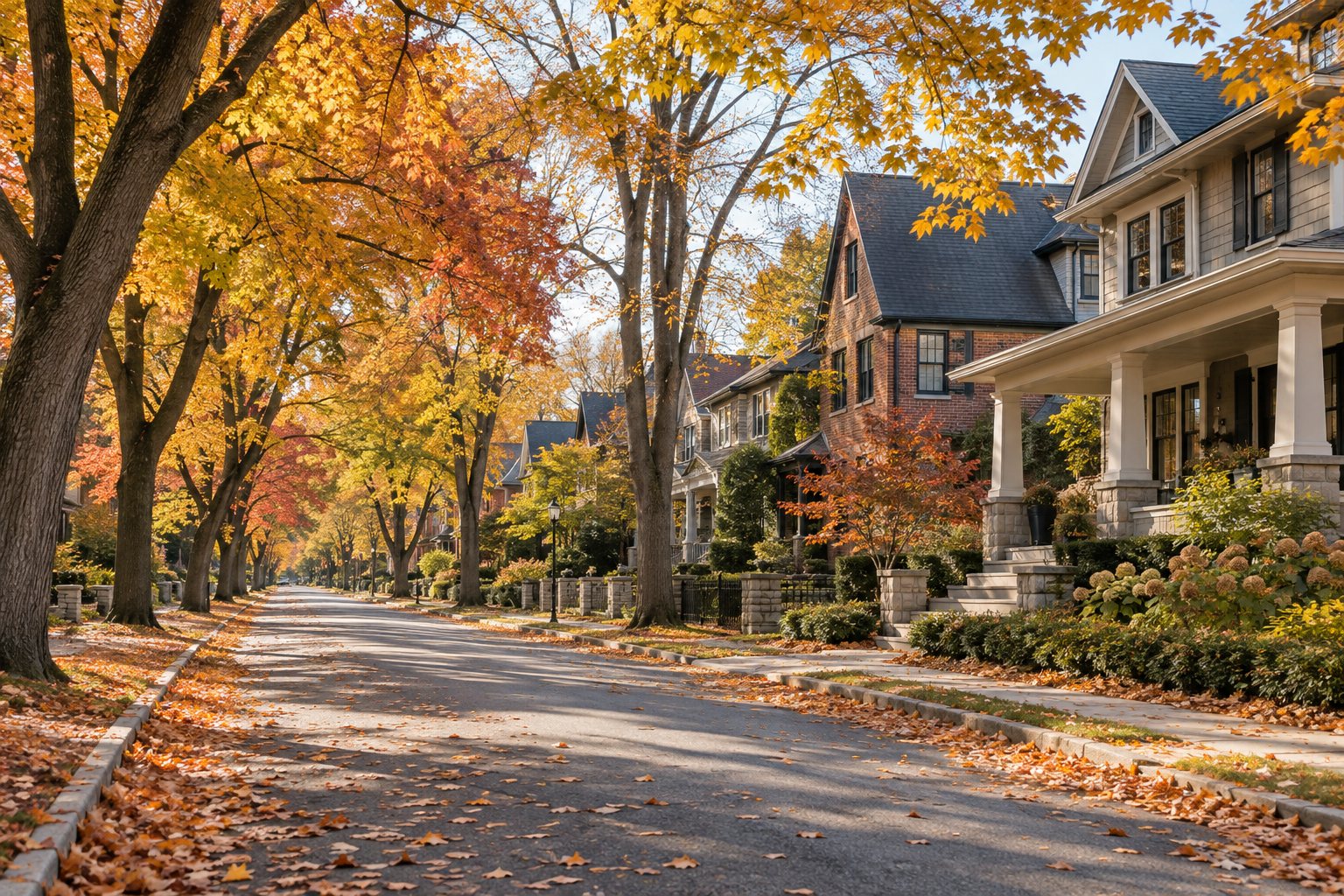 Tree-lined street in autumn with golden leaves and deep front porches