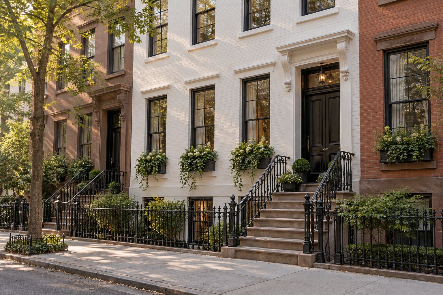 Chalk white city townhouse with a black iron stoop and window boxes