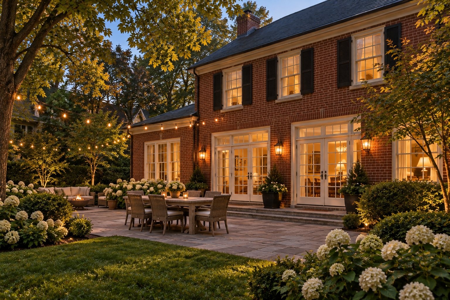 Stone patio set for dinner under string lights behind a brick colonial at dusk